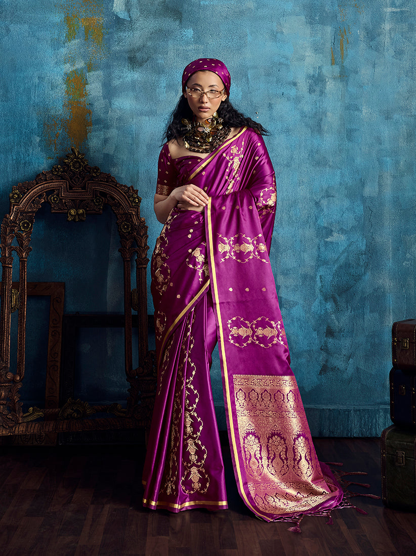 Monjolika Fashion Magenta Satin Weaving Handloom Silk Blend Saree | Grocsy