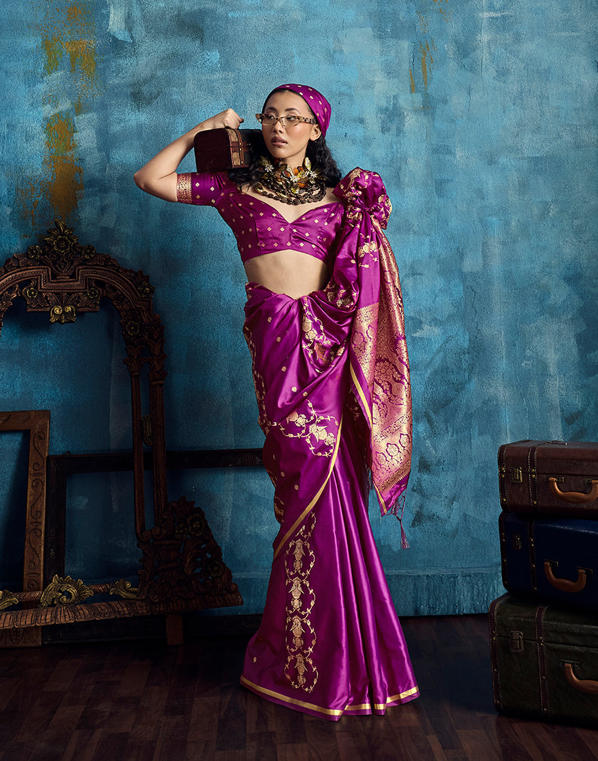Monjolika Fashion Magenta Satin Weaving Handloom Silk Blend Saree | Grocsy