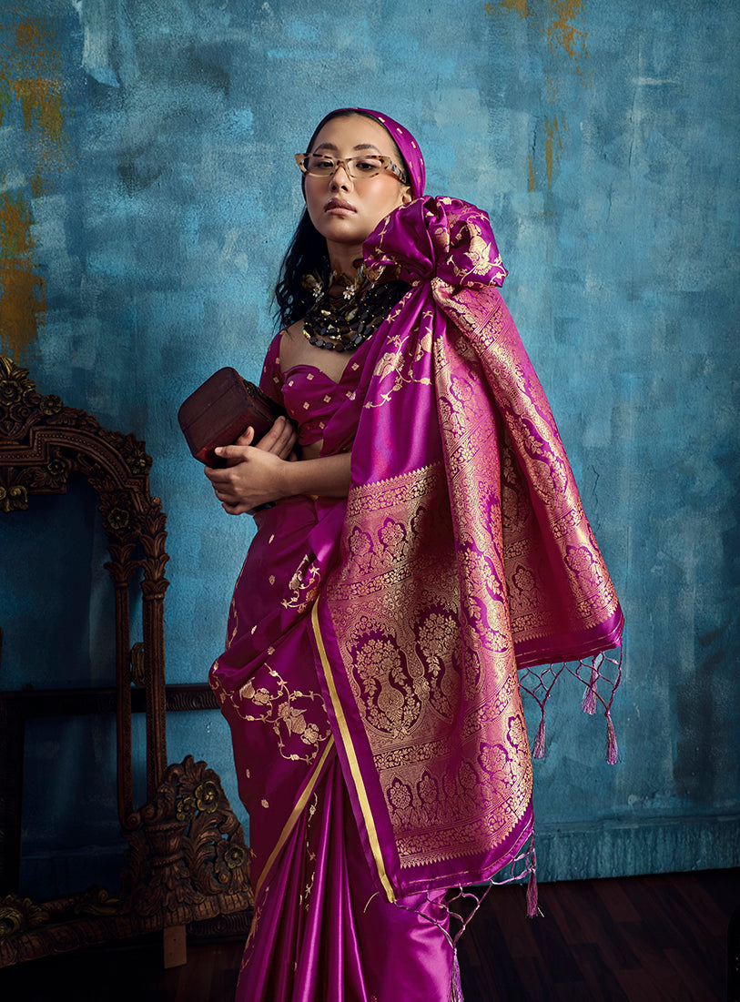 Monjolika Fashion Magenta Satin Weaving Handloom Silk Blend Saree | Grocsy