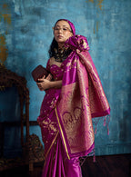 Monjolika Fashion Magenta Satin Weaving Handloom Silk Blend Saree | Grocsy