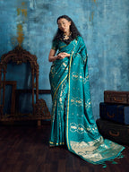 Monjolika Fashion Teal Green Satin Weaving Handloom Silk Blend Saree | Grocsy