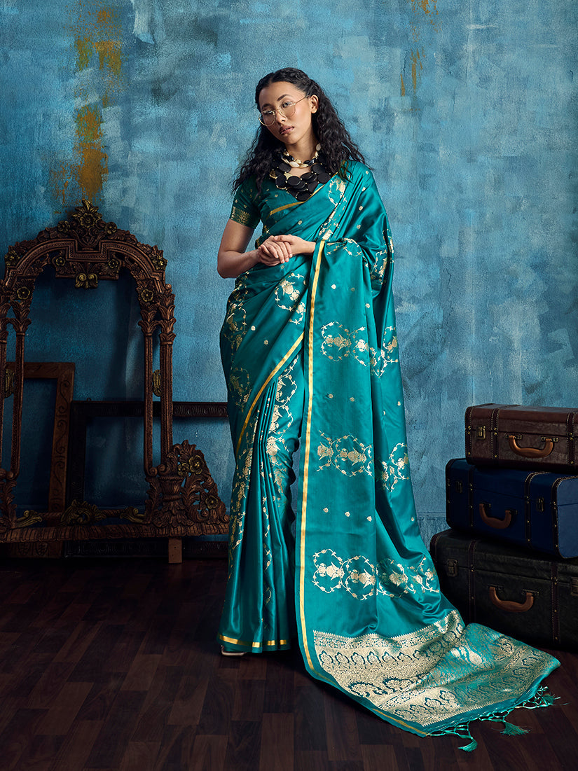 Monjolika Fashion Teal Green Satin Weaving Handloom Silk Blend Saree | Grocsy