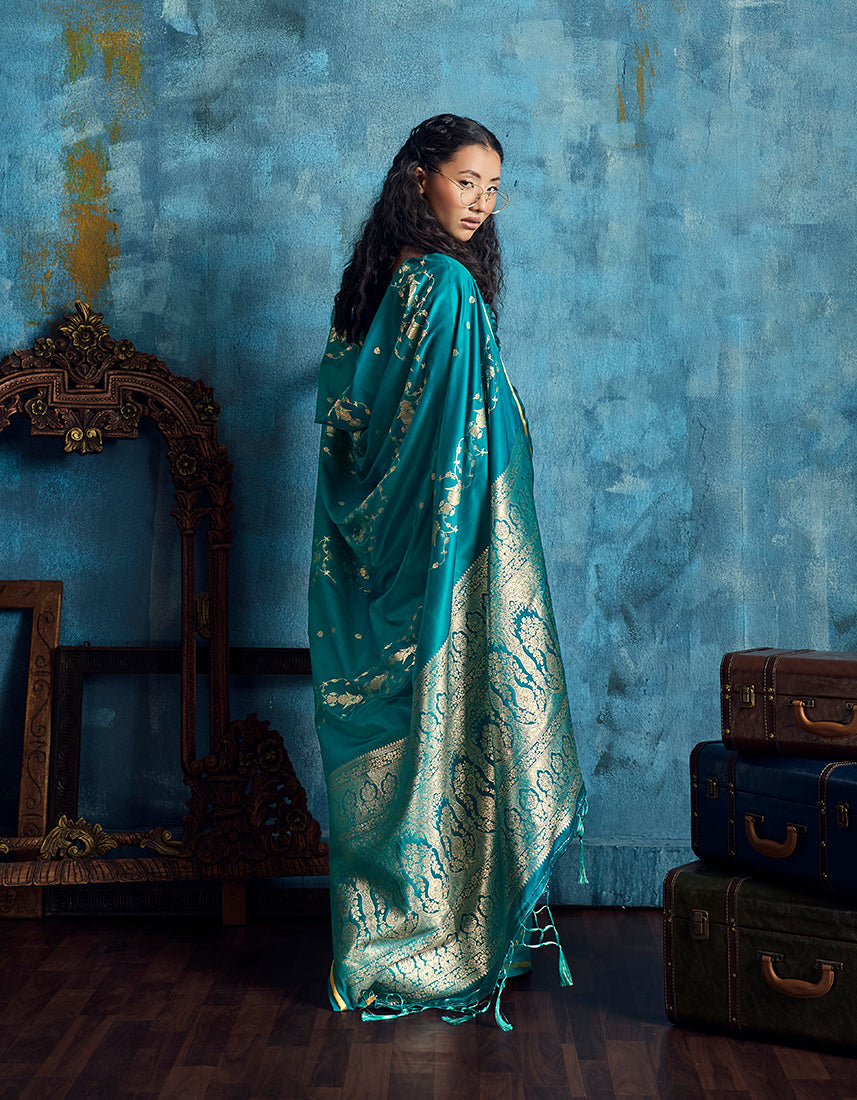 Monjolika Fashion Teal Green Satin Weaving Handloom Silk Blend Saree | Grocsy