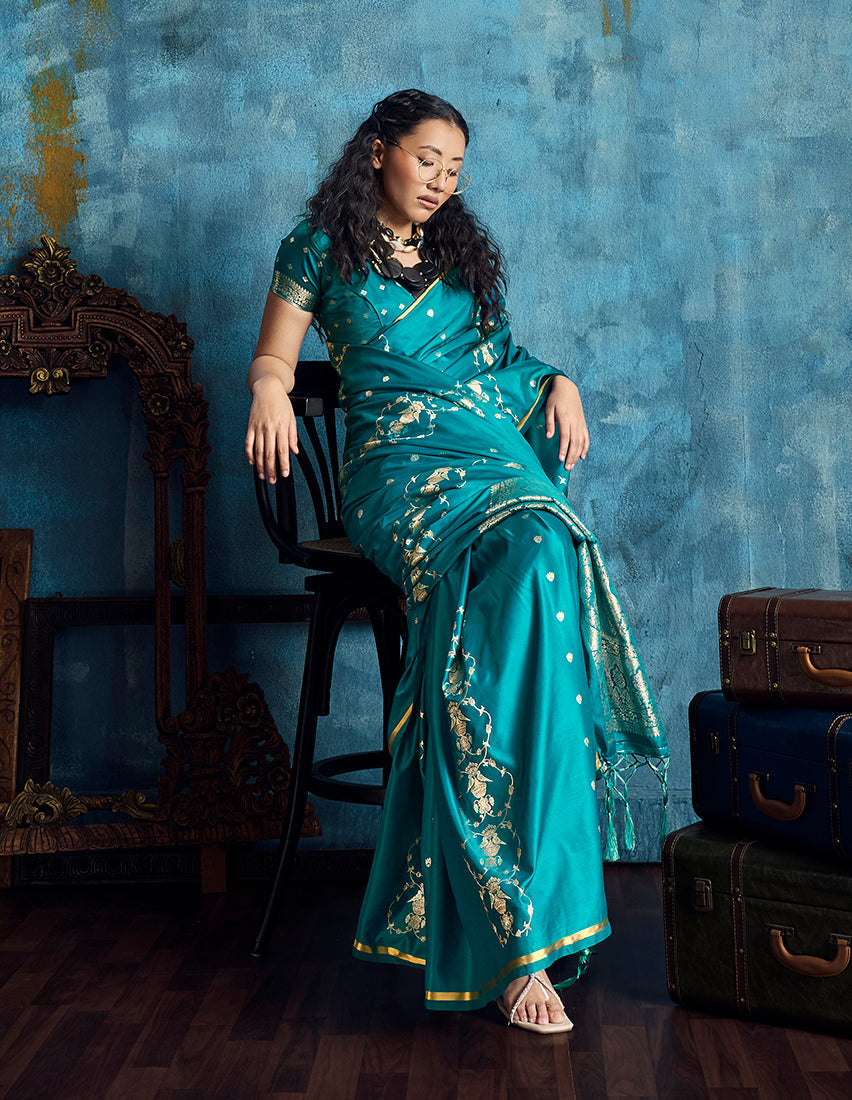 Monjolika Fashion Teal Green Satin Weaving Handloom Silk Blend Saree | Grocsy