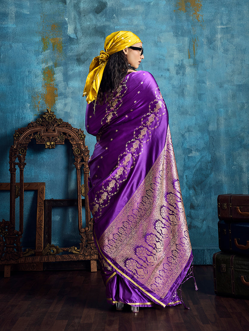 Monjolika Fashion Purple Satin Weaving Handloom Silk Blend Saree | Grocsy