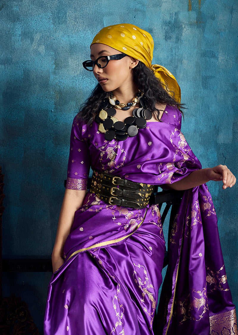 Monjolika Fashion Purple Satin Weaving Handloom Silk Blend Saree | Grocsy