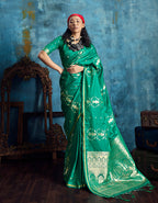 Monjolika Fashion Green Satin Weaving Handloom Silk Blend Saree | Grocsy