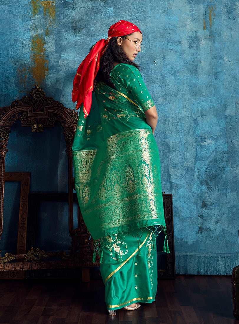 Monjolika Fashion Green Satin Weaving Handloom Silk Blend Saree | Grocsy