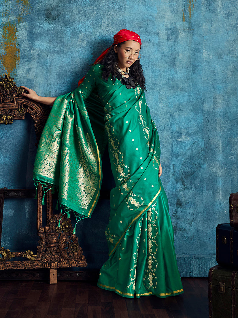 Monjolika Fashion Green Satin Weaving Handloom Silk Blend Saree | Grocsy