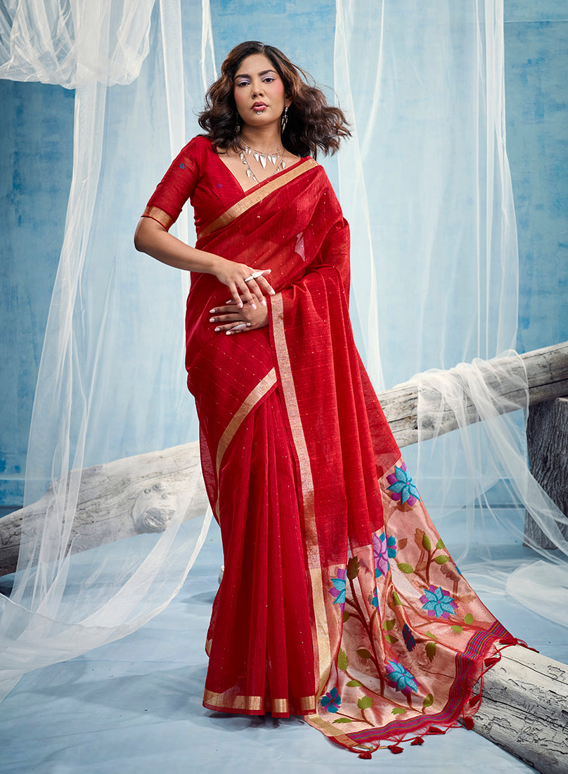 Monjolika Fashion Red Handloom Silk Blend Weaving Border Saree With Blouse | Grocsy