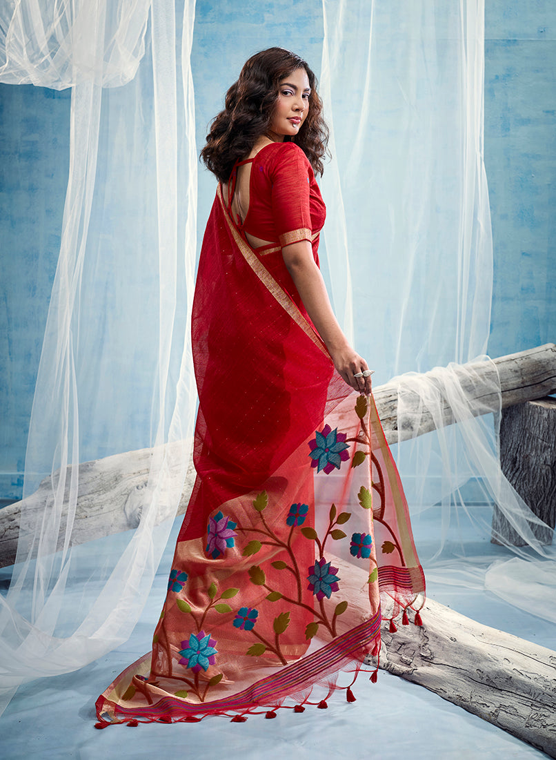 Monjolika Fashion Red Handloom Silk Blend Weaving Border Saree With Blouse | Grocsy