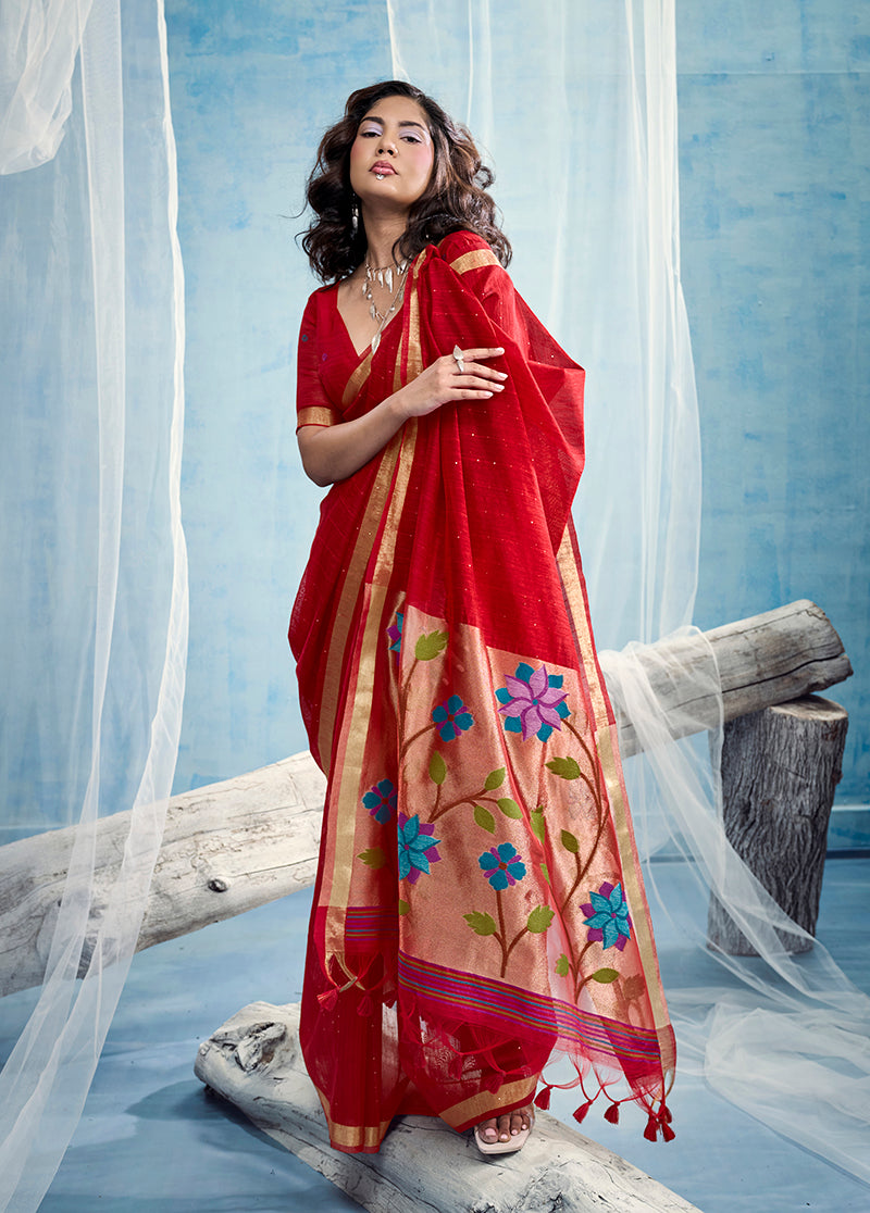 Monjolika Fashion Red Handloom Silk Blend Weaving Border Saree With Blouse | Grocsy