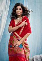 Monjolika Fashion Red Handloom Silk Blend Weaving Border Saree With Blouse | Grocsy