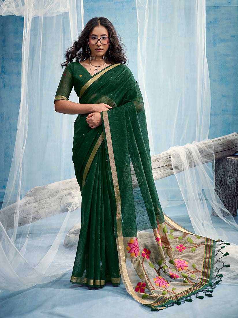 Monjolika Fashion Dark Green Handloom Silk Blend Weaving Border Saree With Blouse | Grocsy