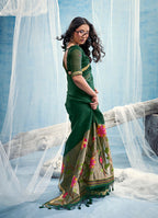 Monjolika Fashion Dark Green Handloom Silk Blend Weaving Border Saree With Blouse | Grocsy