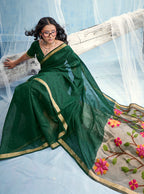Monjolika Fashion Dark Green Handloom Silk Blend Weaving Border Saree With Blouse | Grocsy