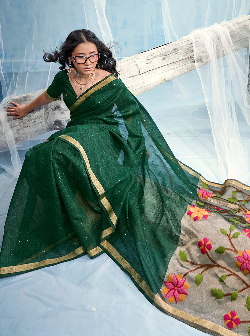 Monjolika Fashion Dark Green Handloom Silk Blend Weaving Border Saree With Blouse | Grocsy