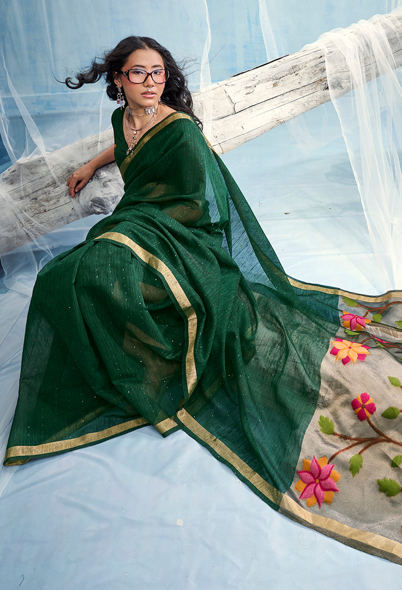 Monjolika Fashion Dark Green Handloom Silk Blend Weaving Border Saree With Blouse | Grocsy