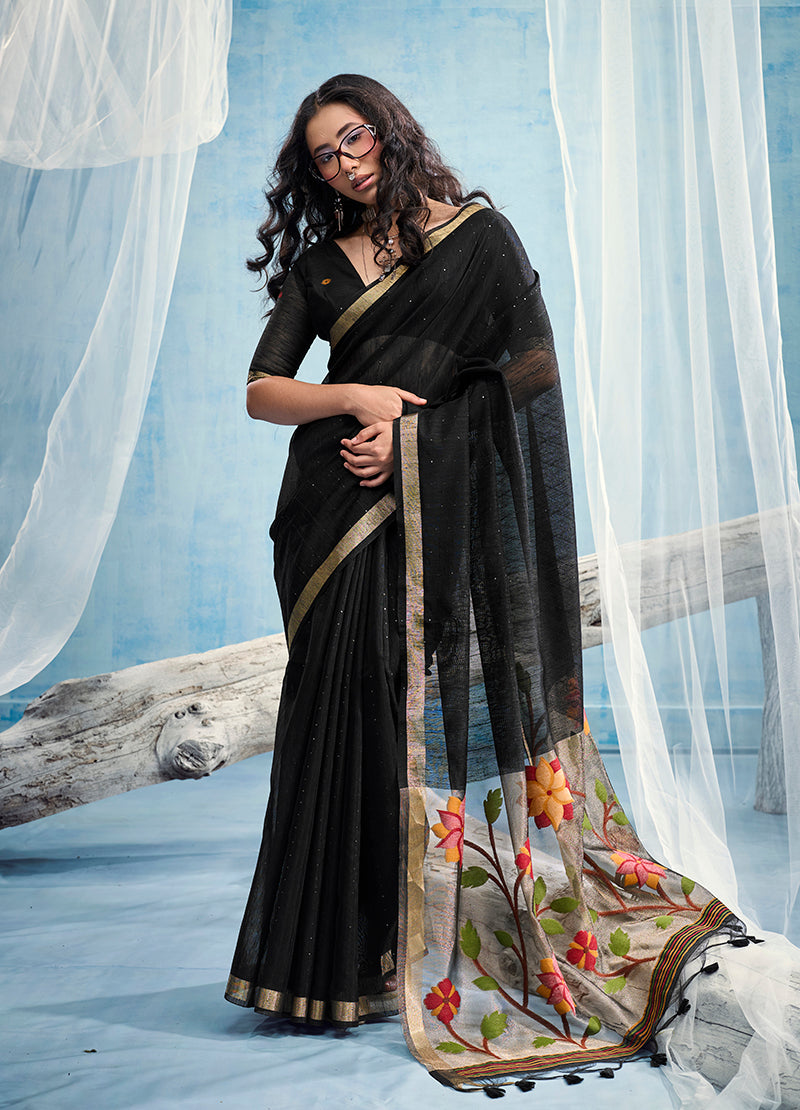 Monjolika Fashion Black Handloom Silk Blend Weaving Border Saree With Blouse | Grocsy