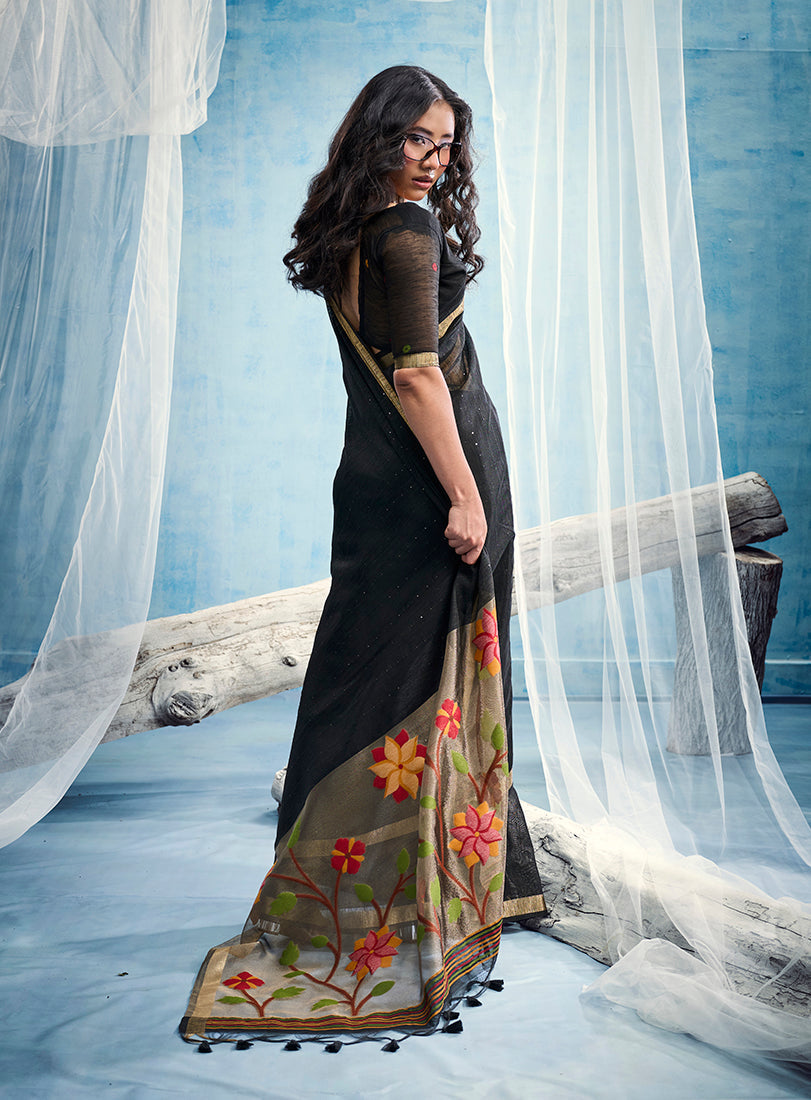 Monjolika Fashion Black Handloom Silk Blend Weaving Border Saree With Blouse | Grocsy