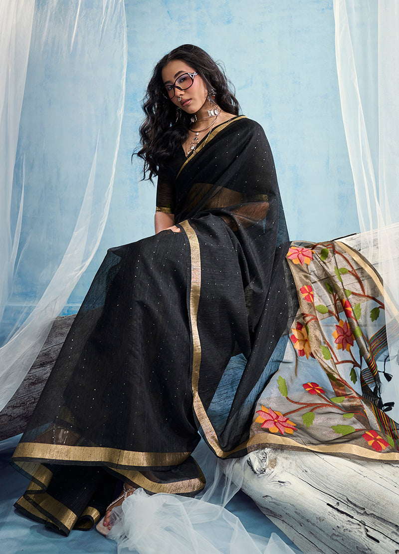 Monjolika Fashion Black Handloom Silk Blend Weaving Border Saree With Blouse | Grocsy