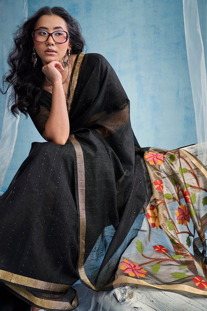 Monjolika Fashion Black Handloom Silk Blend Weaving Border Saree With Blouse | Grocsy