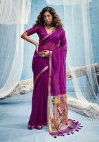 Monjolika Fashion Purple Handloom Silk Blend Weaving Border Saree With Blouse | Grocsy