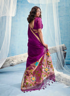 Monjolika Fashion Purple Handloom Silk Blend Weaving Border Saree With Blouse | Grocsy