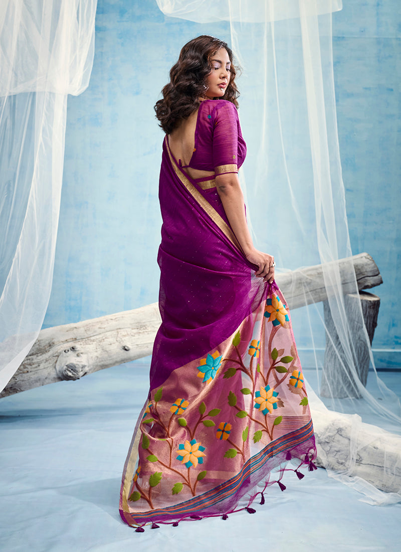 Monjolika Fashion Purple Handloom Silk Blend Weaving Border Saree With Blouse | Grocsy