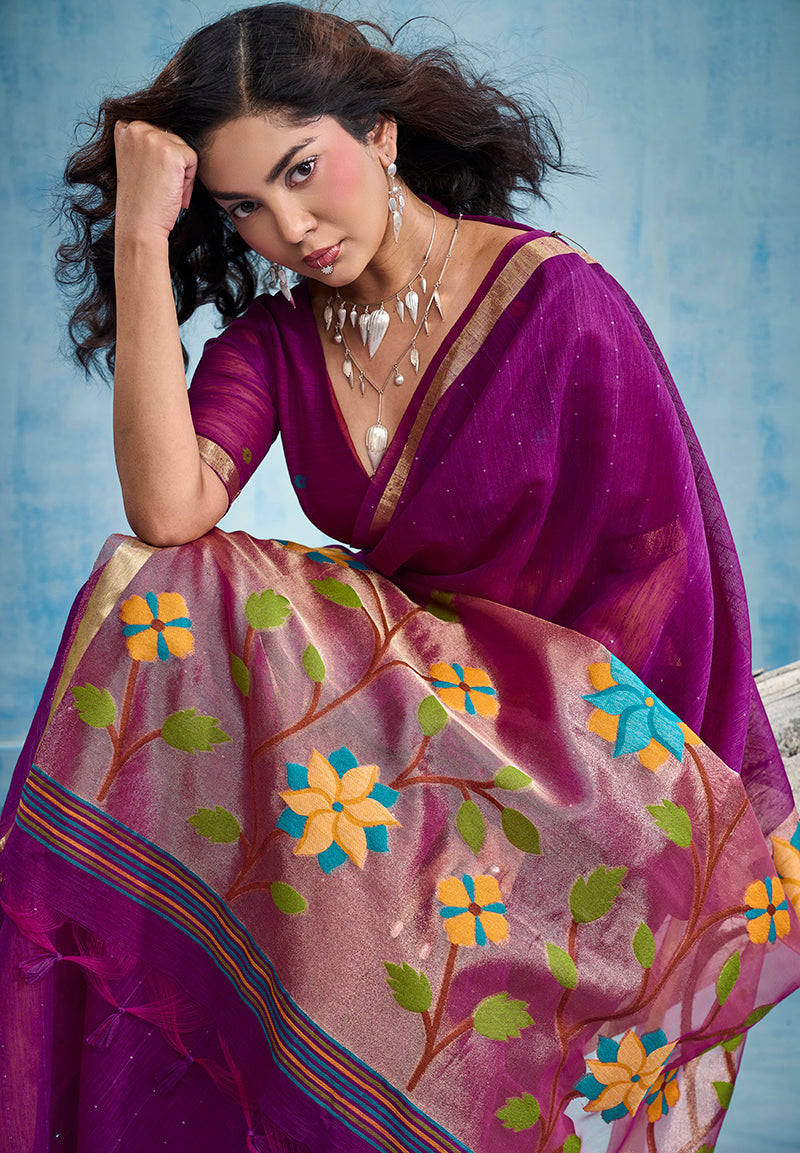 Monjolika Fashion Purple Handloom Silk Blend Weaving Border Saree With Blouse | Grocsy