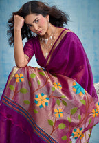 Monjolika Fashion Purple Handloom Silk Blend Weaving Border Saree With Blouse | Grocsy