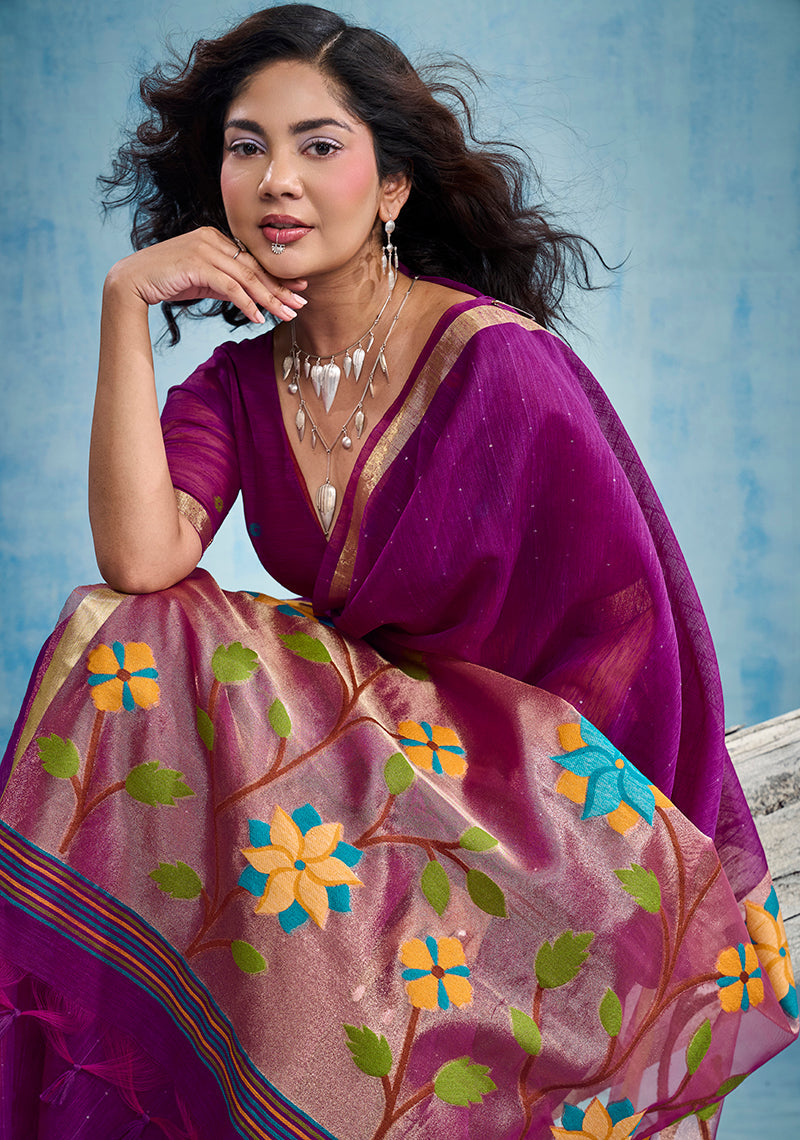 Monjolika Fashion Purple Handloom Silk Blend Weaving Border Saree With Blouse | Grocsy