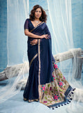 Monjolika Fashion Navy Blue Handloom Silk Blend Weaving Border Saree With Blouse | Grocsy