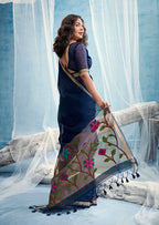 Monjolika Fashion Navy Blue Handloom Silk Blend Weaving Border Saree With Blouse | Grocsy