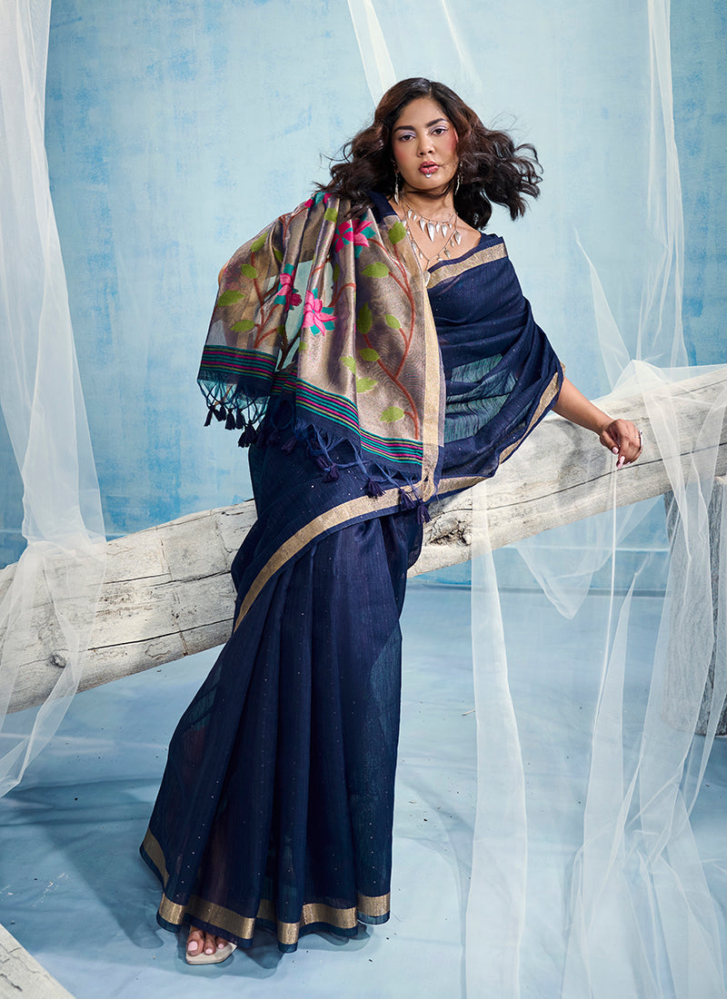 Monjolika Fashion Navy Blue Handloom Silk Blend Weaving Border Saree With Blouse | Grocsy