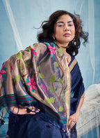 Monjolika Fashion Navy Blue Handloom Silk Blend Weaving Border Saree With Blouse | Grocsy