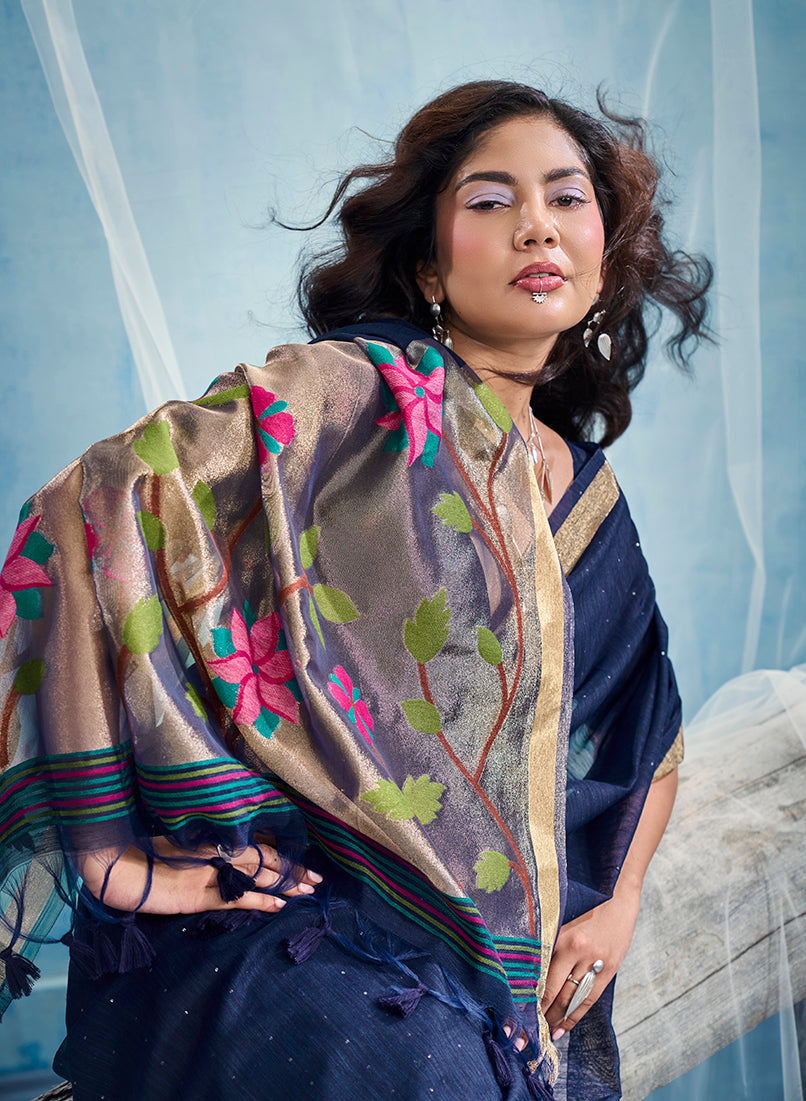Monjolika Fashion Navy Blue Handloom Silk Blend Weaving Border Saree With Blouse | Grocsy
