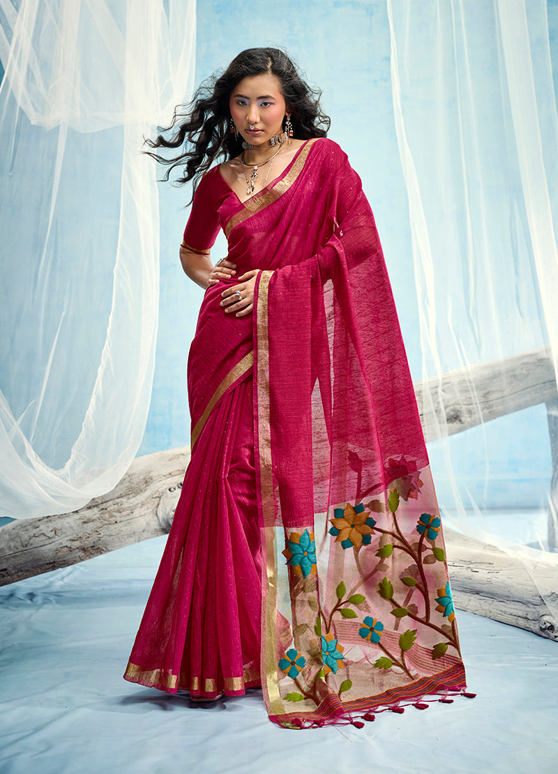 Monjolika Fashion Rani Pink Handloom Silk Blend Weaving Border Saree With Blouse | Grocsy