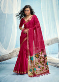 Monjolika Fashion Rani Pink Handloom Silk Blend Weaving Border Saree With Blouse | Grocsy