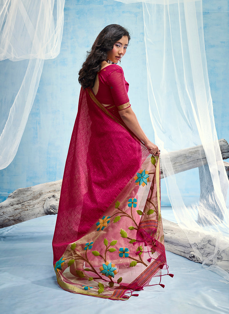 Monjolika Fashion Rani Pink Handloom Silk Blend Weaving Border Saree With Blouse | Grocsy