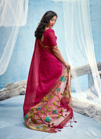 Monjolika Fashion Rani Pink Handloom Silk Blend Weaving Border Saree With Blouse | Grocsy