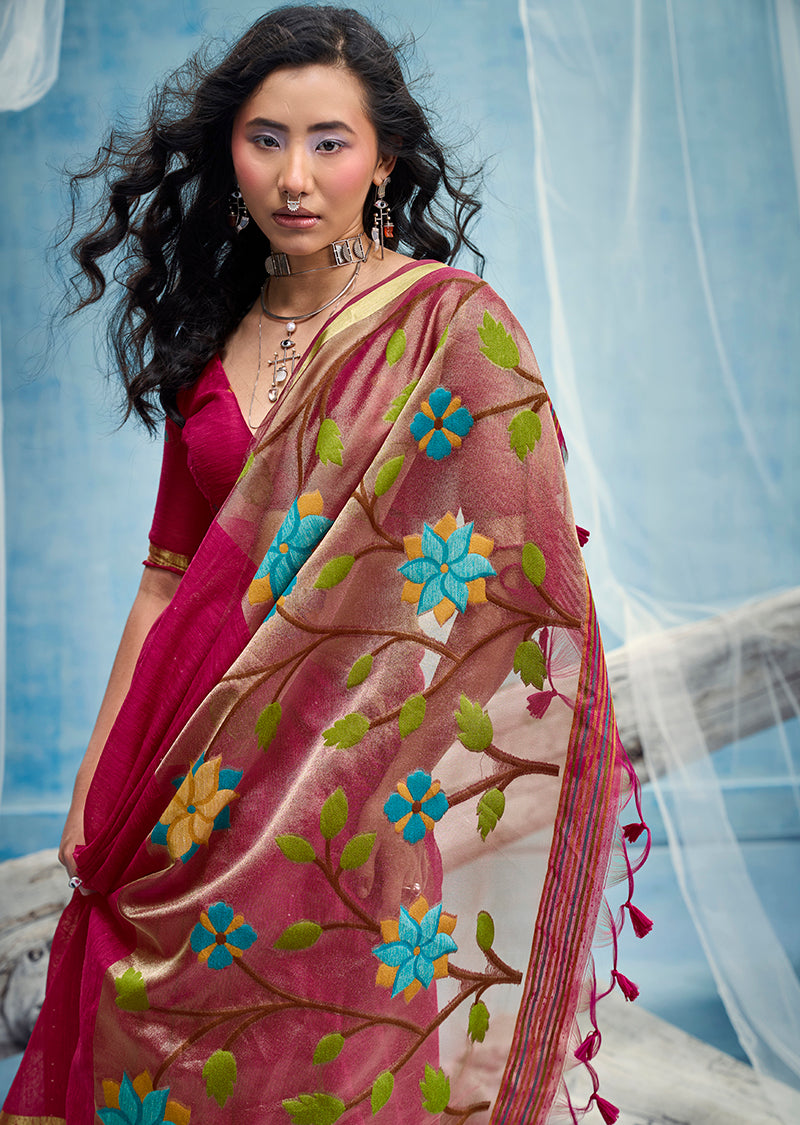 Monjolika Fashion Rani Pink Handloom Silk Blend Weaving Border Saree With Blouse | Grocsy