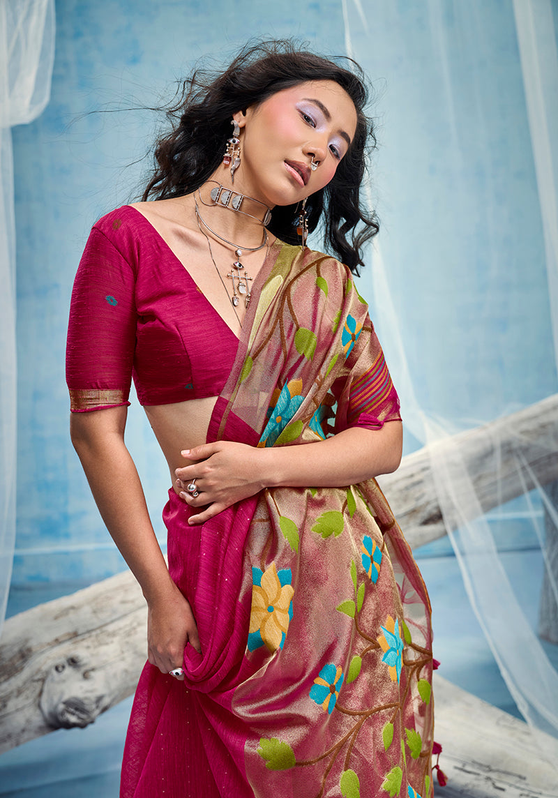 Monjolika Fashion Rani Pink Handloom Silk Blend Weaving Border Saree With Blouse | Grocsy