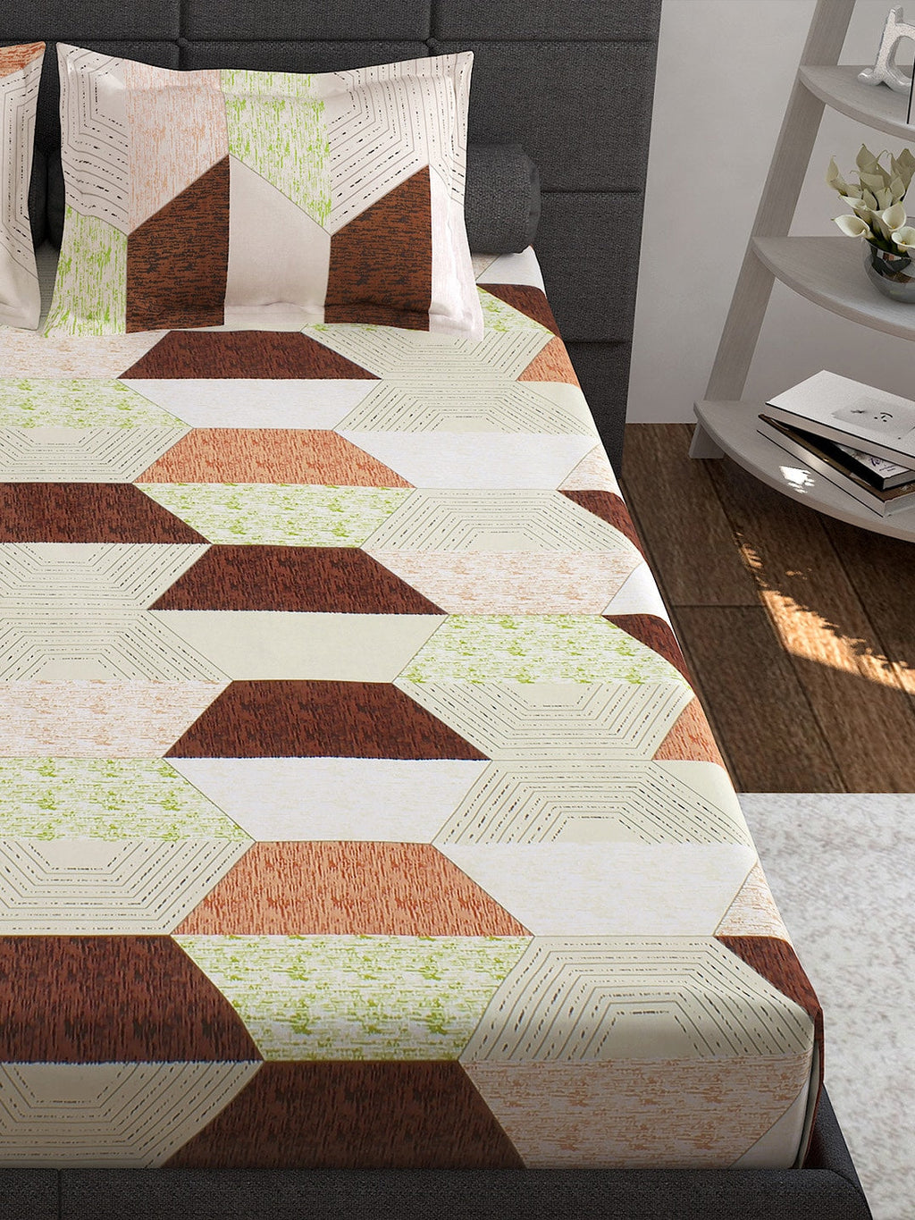 Story@home Cream-Coloured Geometric 152 TC Cotton 1 Queen Bedsheet with 2 Pillow Covers | Grocsy