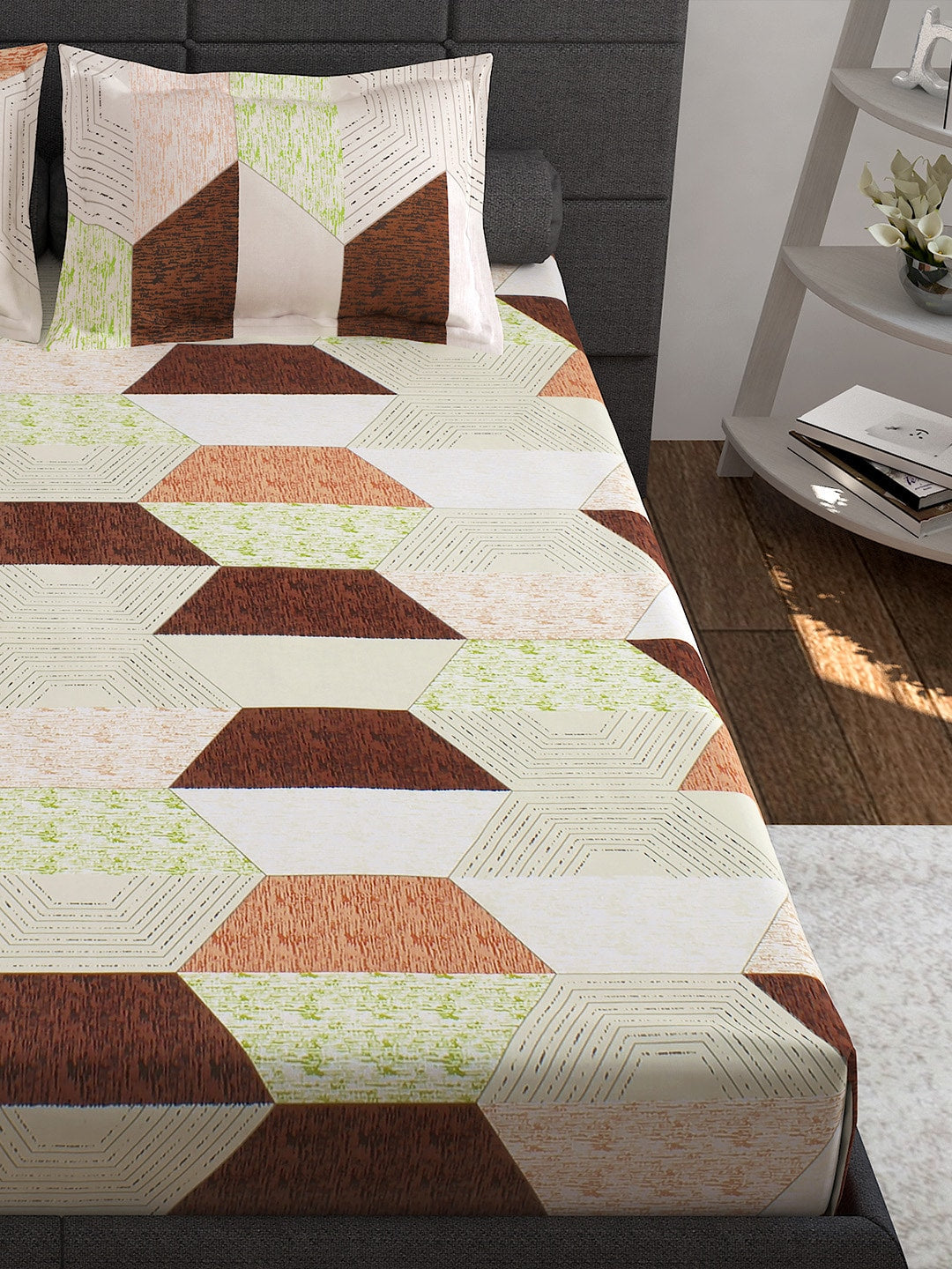 Story@home Cream-Coloured Geometric 152 TC Cotton 1 Queen Bedsheet with 2 Pillow Covers | Grocsy