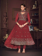 Jyoti Fashion Women's Maroon Georgette Embroidered Anarkali Kurta Pant Set With Dupatta | Grocsy