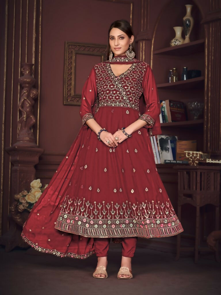 Jyoti Fashion Women's Maroon Georgette Embroidered Anarkali Kurta Pant Set With Dupatta | Grocsy