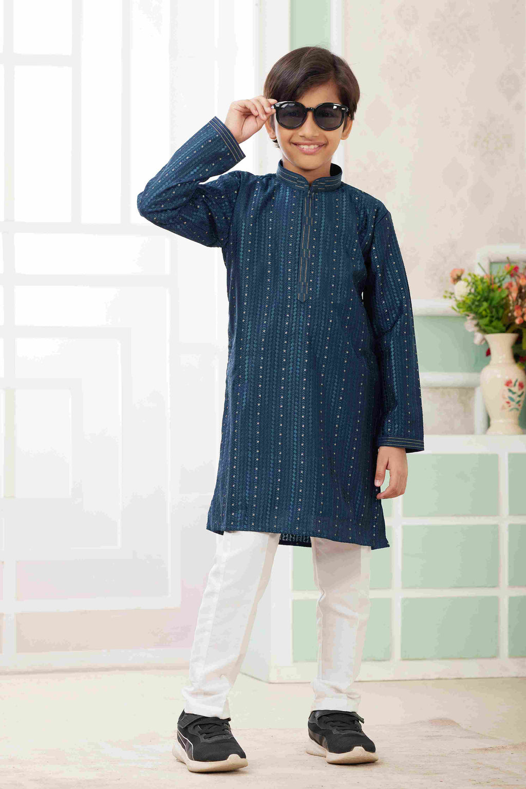 Raivat Ethnic Art Silk Embroidery Work Kids Kurta Pajama In Teal Green Colour | Grocsy
