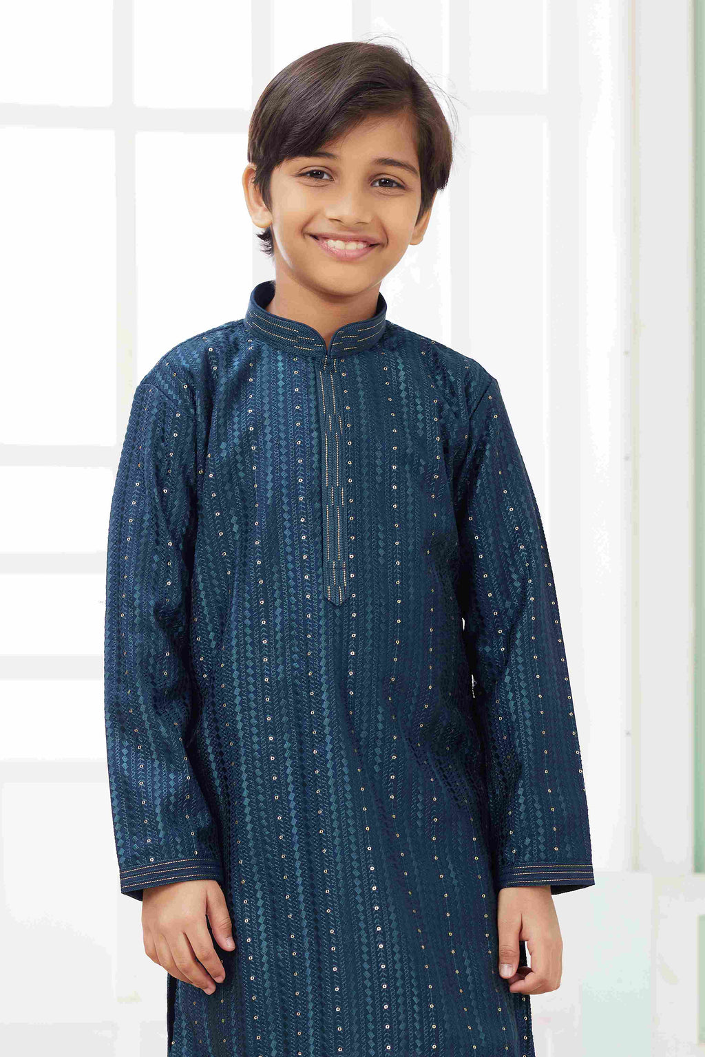 Raivat Ethnic Art Silk Embroidery Work Kids Kurta Pajama In Teal Green Colour | Grocsy