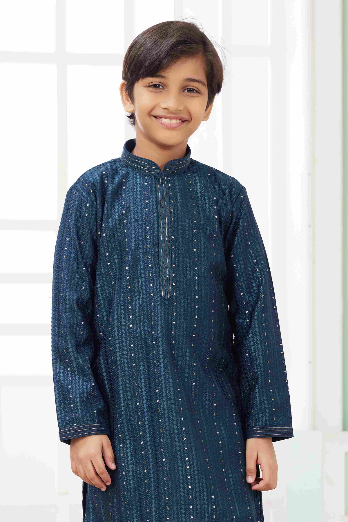 Raivat Ethnic Art Silk Embroidery Work Kids Kurta Pajama In Teal Green Colour | Grocsy